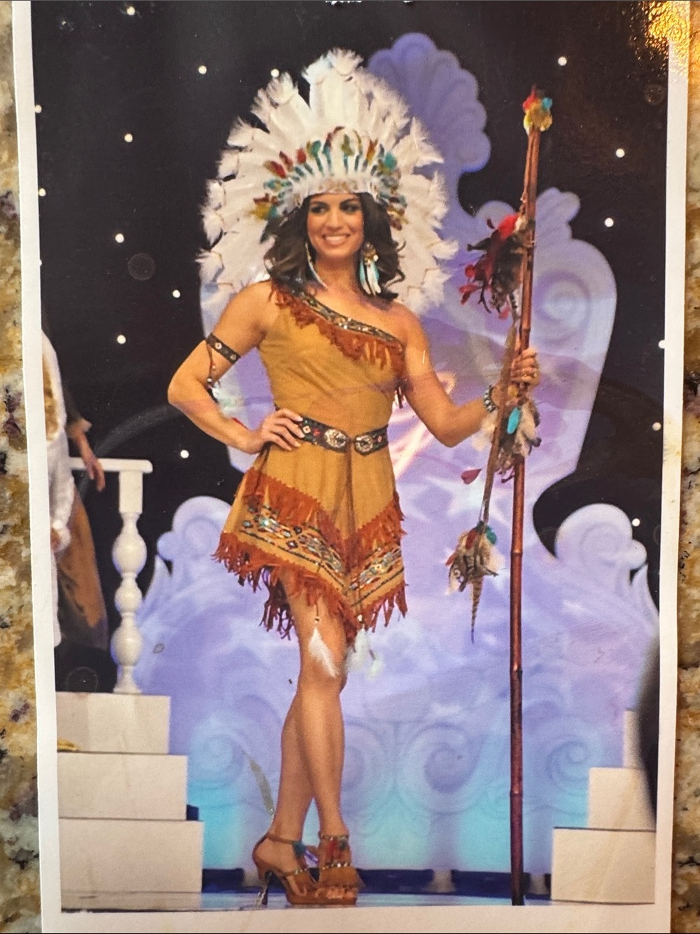 Tan Fringe Native-Inspired Costume Dress with Feather Headdress size S